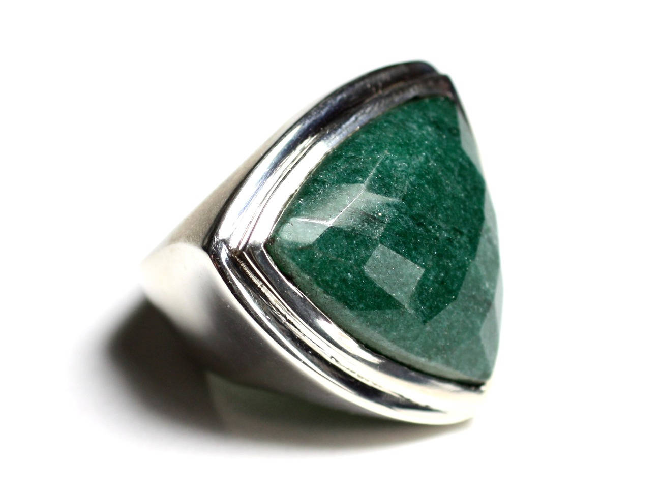 N347 - Bague Argent 925 et Pierre - Aventurine Verte Facettée Triangle 21mm