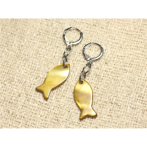 Boucles d'Oreilles Nacre Poissons 23mm Bronze Doré 