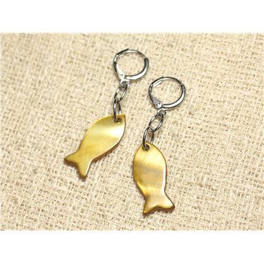 Boucles d'Oreilles Nacre Poissons 23mm Bronze Doré 