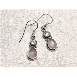 BO206 - 925 Silver Earrings with Rose Quartz Stone Blue Topaz Drops 22mm 