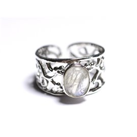 N224 - 925 Silver and Stone Ring - Rainbow Oval Moonstone 9x7mm 