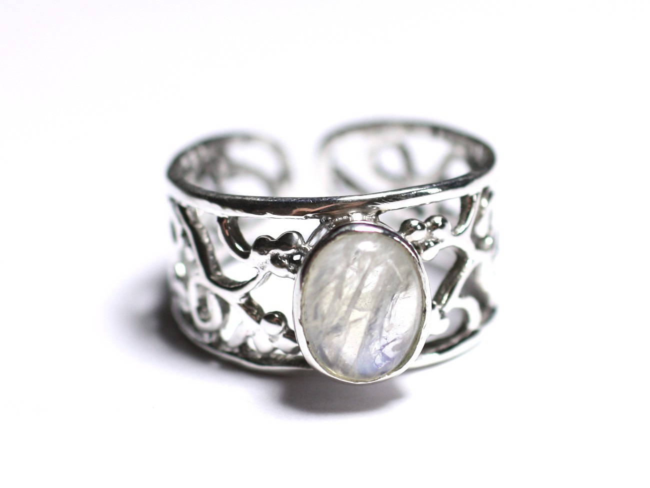 N224 - Bague Argent 925 et Pierre - Pierre de Lune arc en ciel Ovale 9x7mm 