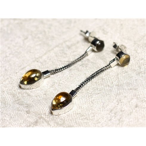 BO240 - Boucles d'Oreilles Argent 925 et Pierre Citrine Pendantes Chaîne 45mm 