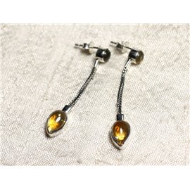 BO240 - Boucles d'Oreilles Argent 925 et Pierre Citrine Pendantes Chaîne 45mm 