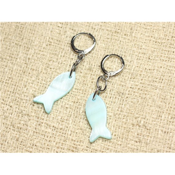 Boucles d'Oreilles Nacre Poissons 23mm Bleu Turquoise Pastel 