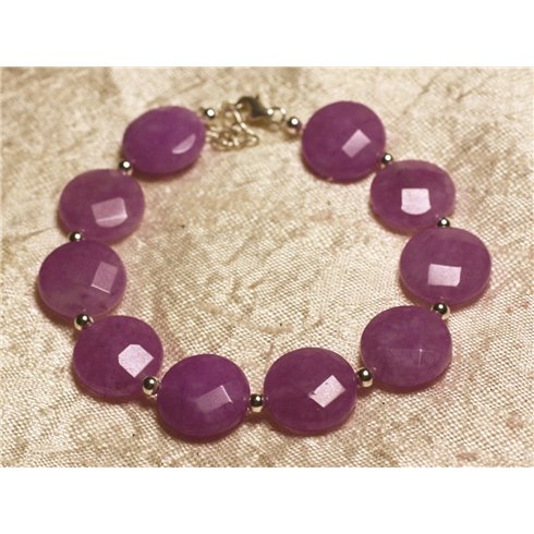 Bracelet Argent 925 et Pierre - Jade Violet Rose Palets Facettés 14mm 