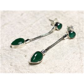 BO240 - 925 Sterling Silver and Emerald Stone Dangling 45mm Chain Earrings 