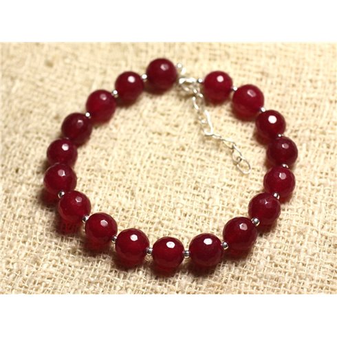 Bracelet Argent 925 et Pierre - Jade Rouge Rose Framboise Facettée 8mm 