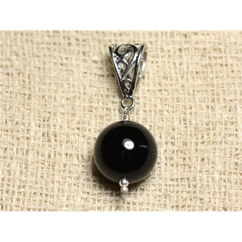 Pendentif Pierre semi précieuse et Rhodium - Onyx Noir 14mm 