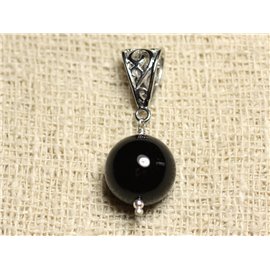 Semi Precious Stone and Rhodium Pendant - Black Onyx 14mm 