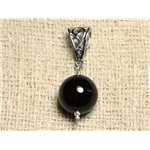 Pendentif Pierre semi précieuse et Rhodium - Onyx Noir 14mm 