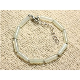 Bracelet 925 Silver and Stone - Light green jade Tubes 13x4mm 