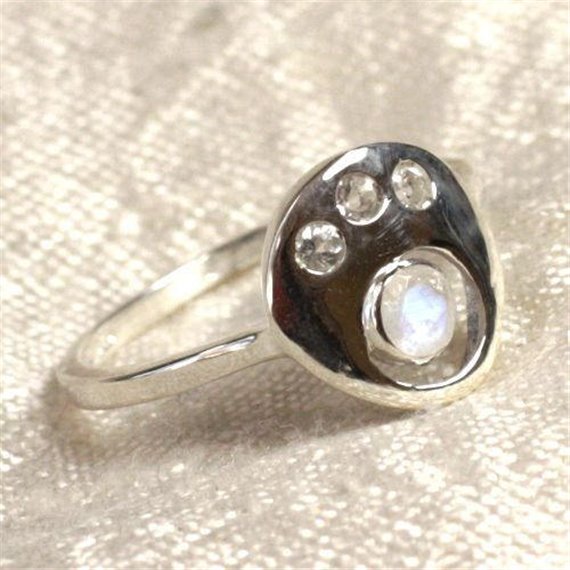 N226 - Bague Argent 925 et Pierre - Pierre de Lune Facettée Ronds 2-4mm 