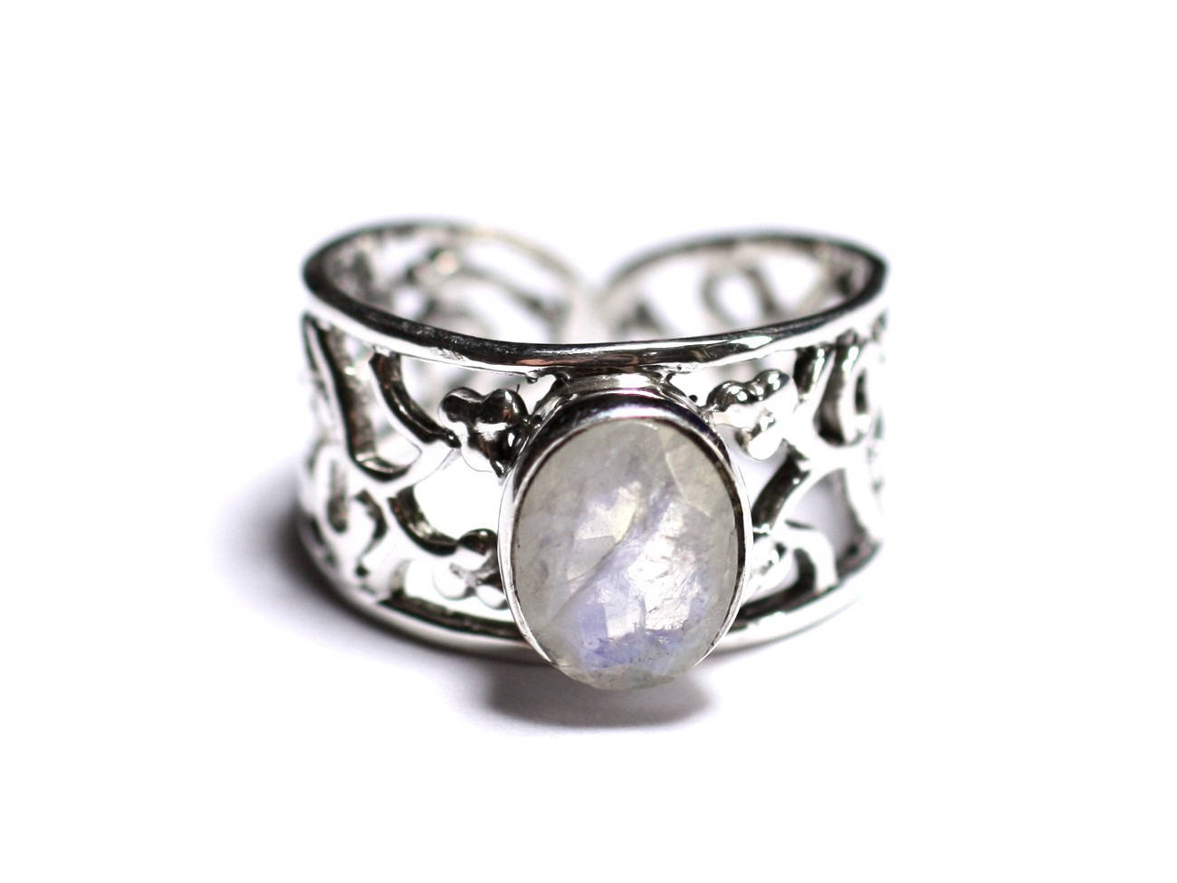 N224 - Bague Argent 925 et Pierre - Pierre de Lune arc en ciel Facettée Ovale 9x7mm 