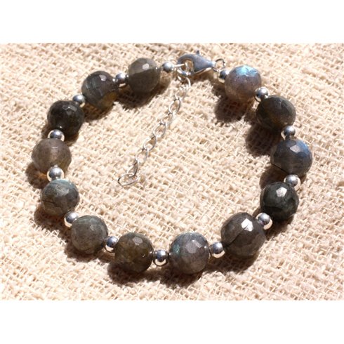 Bracelet Argent 925 et Perles de Pierre Labradorite Boules Facettées 9-10mm 