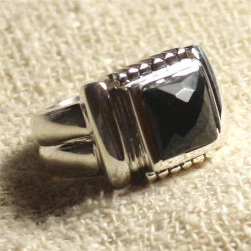 N123 - Bague Argent 925 et Pierre - Onyx Noir Carré Facetté 10mm 