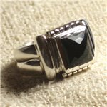 N123 - Bague Argent 925 et Pierre - Onyx Noir Carré Facetté 10mm 