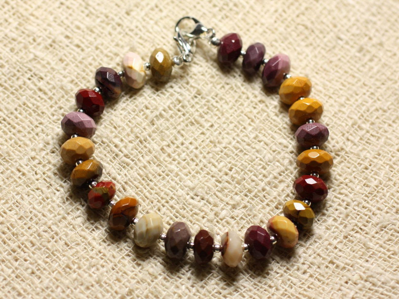 Bracelet Argent 925 et Pierre - Jaspe Mokaïte Rondelles Facettées 8x5mm 