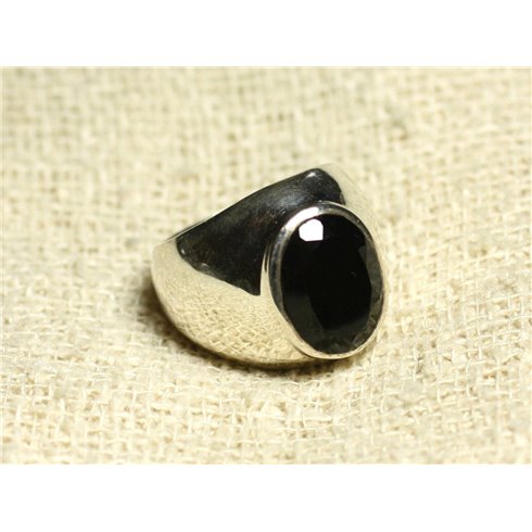 n116 - Bague Argent 925 et Pierre - Onyx noir facetté Ovale 14x10mm 