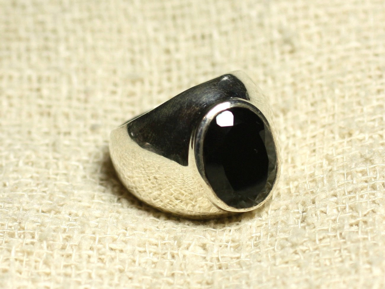 n116 - Bague Argent 925 et Pierre - Onyx noir facetté Ovale 14x10mm 