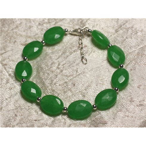 Bracelet Argent 925 et Pierre - Jade Verte Ovales Facettés 14x10mm