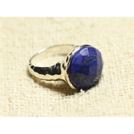 N120 - Bague Argent 925 et Pierre - Lapis Lazuli Facetté Rond 15mm 