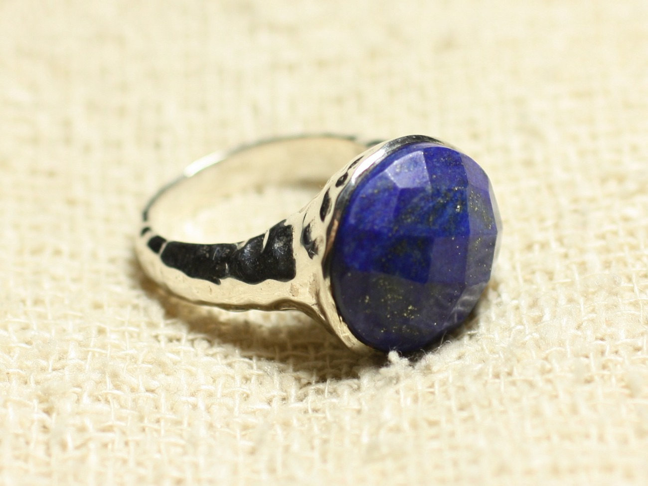 N120 - Bague Argent 925 et Pierre - Lapis Lazuli Facetté Rond 15mm 