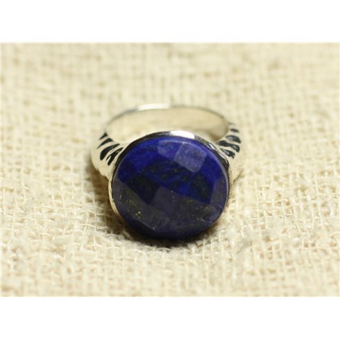 N120 - Bague Argent 925 et Pierre - Lapis Lazuli Facetté Rond 15mm