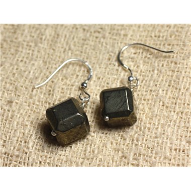 Boucles d'Oreilles Argent 925 - Pyrite dorée Cubes 10x10mm 