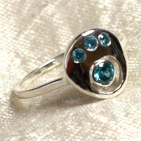 N226 - Bague Argent 925 et Pierre - Topaze Bleue Facettée Ronds 2-4mm 