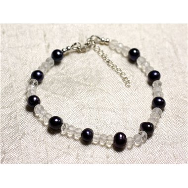 Bracelet Argent 925 Pierre Quartz et perles de culture noires 6-7mm