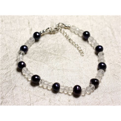 Bracelet Argent 925 Pierre Quartz et perles de culture noires 6-7mm 
