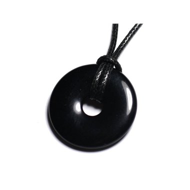 Collier Pendentif Pierre semi précieuse - Obsidienne Noire Donut Pi 30mm 