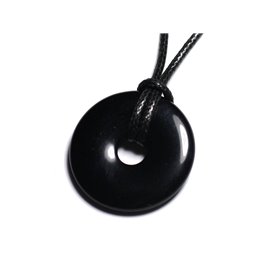 Semi Precious Stone Pendant Necklace - Black Obsidian Donut Pi 30mm 