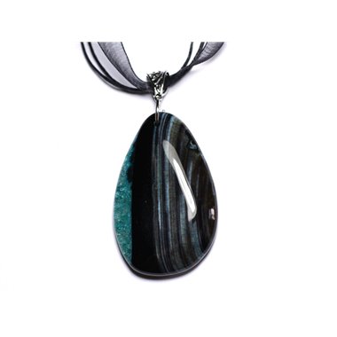 N10 - Collier Pendentif en Pierre - Agate noire et Quartz Turquoise Goutte 62mm 