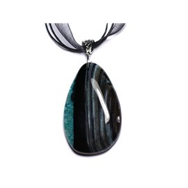 N10 - Stone Pendant Necklace - Black Agate and Turquoise Quartz Drop 62mm 