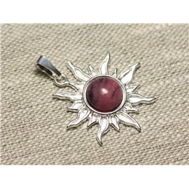 Pendentif Argent 925 et Pierre - Soleil 28mm - Rhodonite Rose rond 10mm