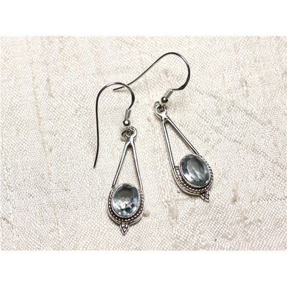 BO212 - Boucles d'Oreilles Argent 925 et Pierre Topaze Bleue Gouttes 30mm 