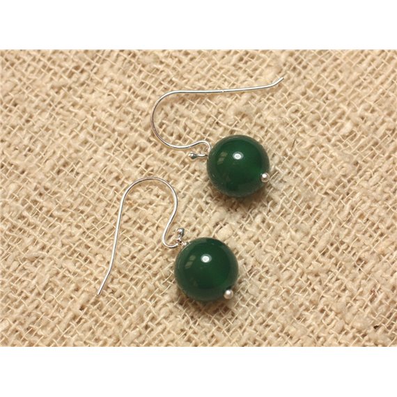 Boucles d'Oreilles Argent 925 et Pierre - Onyx Vert 10mm 