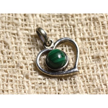 Pendentif Argent 925 Coeur 16mm et Pierre semi précieuse - Malachite 6mm 