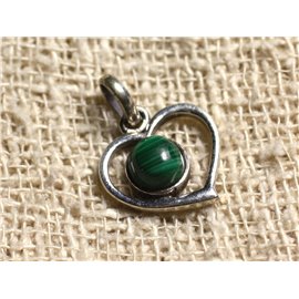 925 Silver Pendant Heart 16mm and semi precious stone - Malachite 6mm 