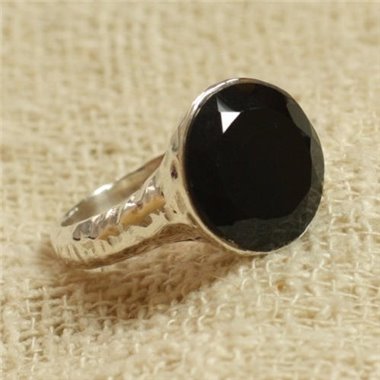 N120 - Bague Argent 925 et Pierre semi précieuse - Onyx Noir Facetté 15mm 