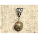 Pendentif Pierre semi précieuse et Rhodium - Unakite 12mm 