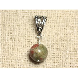 Semi precious stone and rhodium pendant - unakite 12mm 
