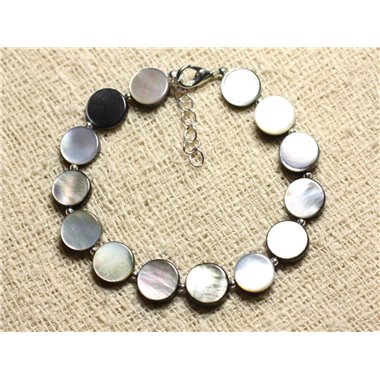 Bracelet Argent 925 et Nacre Noire Palets 10mm 