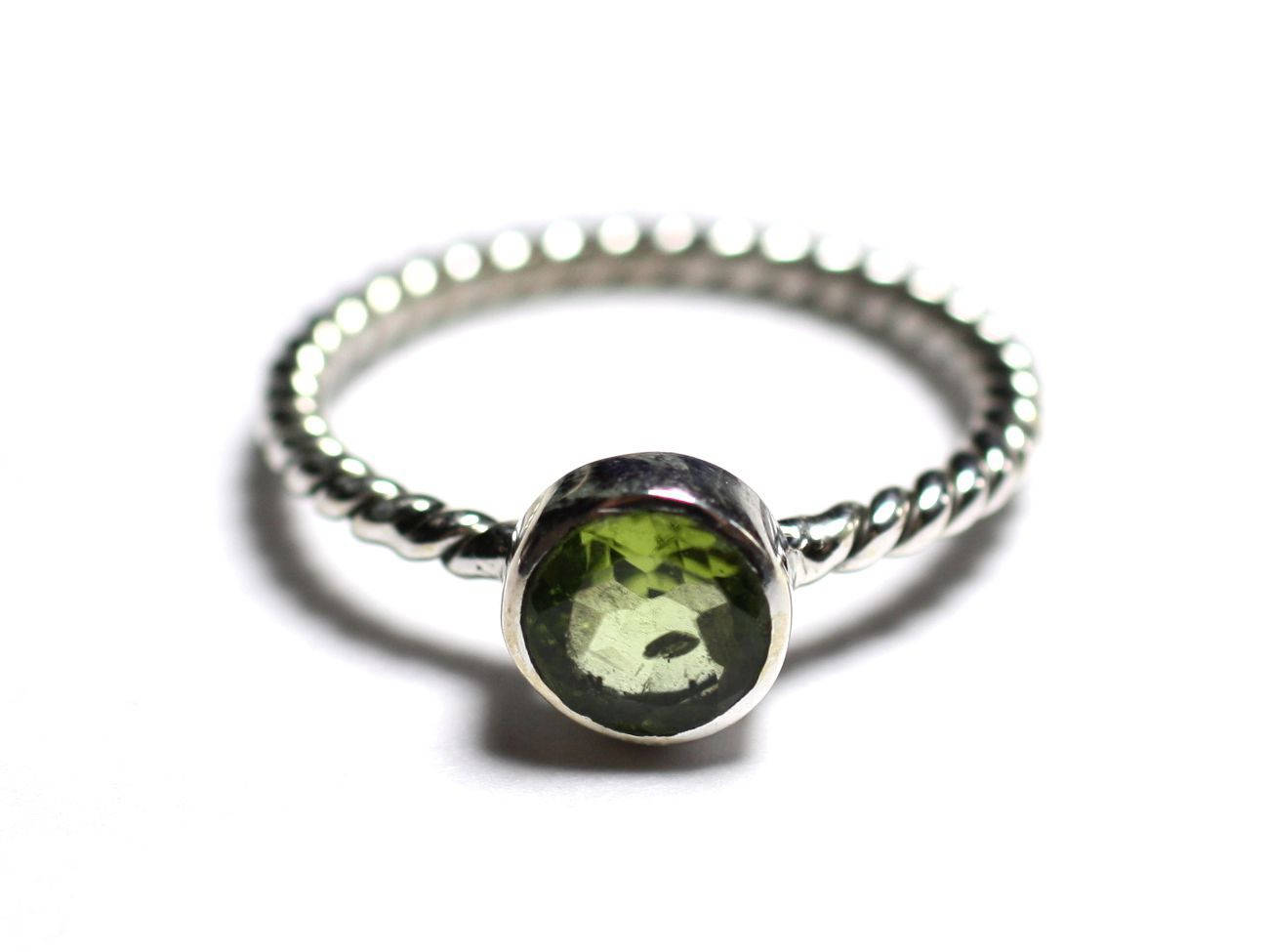 N231 - Bague Argent 925 et Pierre - Péridot Facetté 6mm Anneau torsade 