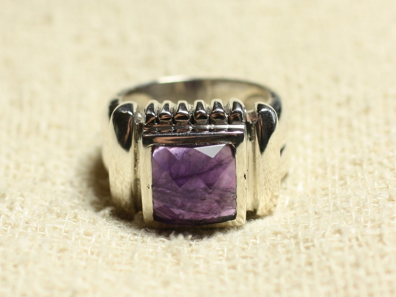 N123 - Bague Argent 925 et Pierre - Améthyste Carré Facetté 10mm 