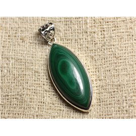 N3 - 925 Silver Pendant and Stone - Marquise Malachite 43x18mm 