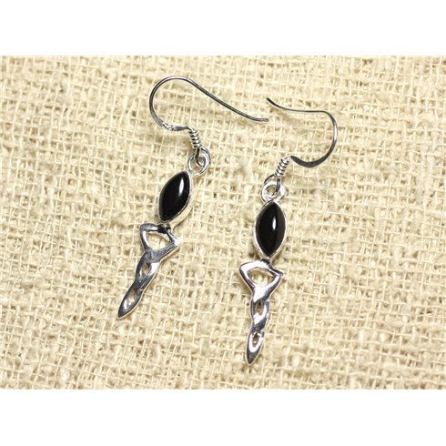 BO218 - Boucles d'Oreilles Argent 925 et Pierre - Celtique 28mm Onyx 