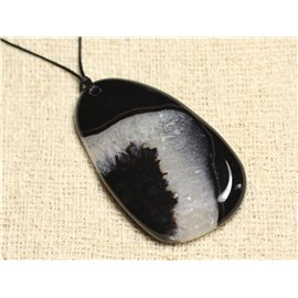 Stone Pendant Necklace - Agate and Quartz Black and White Drop 60mm N6 